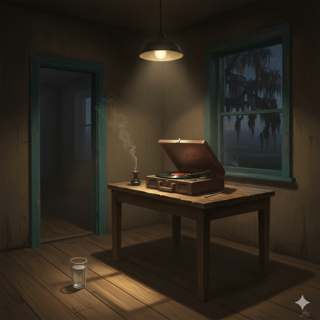 An interior view evoking a rustic juke joint atmosphere, illuminated by a single, bare bulb. A vintage record player, with a spinning vinyl record, is prominently featured on a worn wooden table. A wisp of smoke rises from an incense burner nearby. A glass of water sits on the wooden floor. Through a window with haint blue trim, the silhouette of a live oak with Spanish moss is visible against the night sky, connecting to the Lowcountry.
