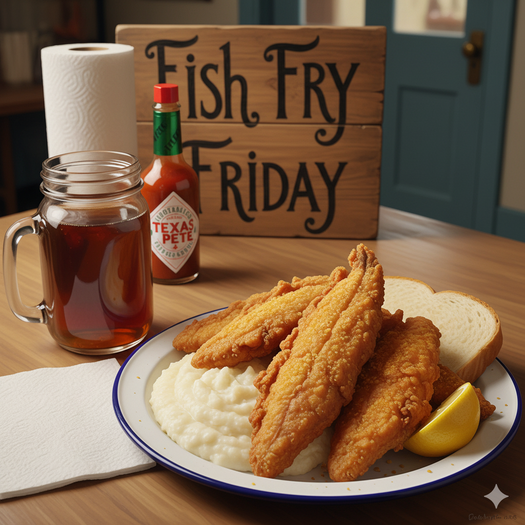 A church fellowship hall table setup viewed from above. A blue-rimmed enamel plate holds golden cornmeal-crusted fried whiting, creamy white grits, sliced white bread, and a lemon wedge. A mason jar of sweet tea and a bottle of Texas Pete hot sauce sit nearby. A hand-lettered wooden sign reads 'Fish Fry Friday.' Paper towels rest on the table. A haint blue painted door is visible in the soft-focus background. Warm overhead lighting creates an inviting, communal atmosphere.