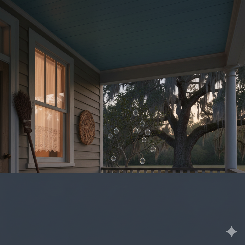 An exterior corner of a historic Lowcountry house at dusk. A prominent haint blue painted porch ceiling is visible. A window with a delicate lace curtain adds a touch of interior warmth. A straw broom leans bristles-up beside a door, a traditional protective practice. A sweetgrass basket hangs near the door, and small, clear glass bottles are embedded in a nearby tree, illustrating the bottle tree tradition. Soft dusk light casts gentle shadows, and a large live oak tree is visible in the background, all rendered with a painterly quality.
