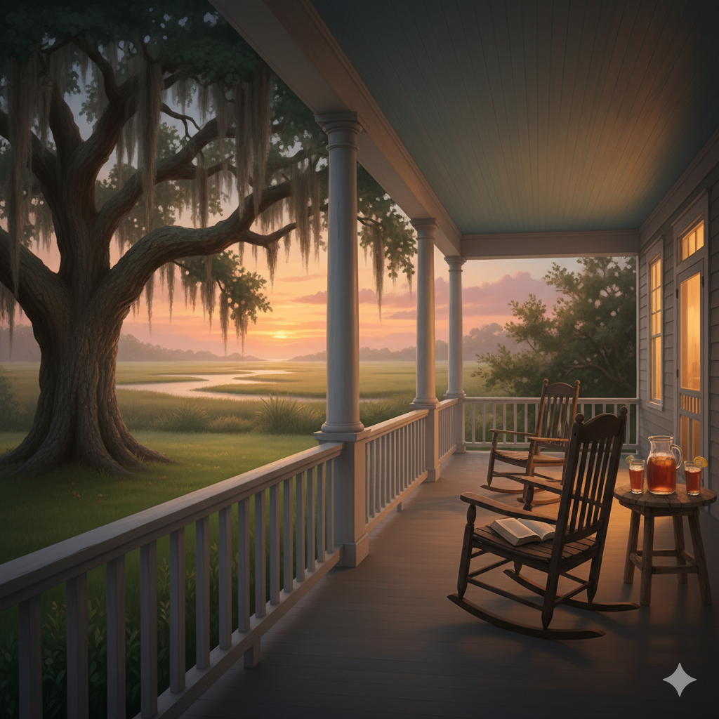 A welcoming Lowcountry porch at dusk, viewed from the yard. The porch ceiling is painted haint blue. Two wooden rocking chairs are visible, one with an open Bible resting on its seat. Warm lamp light glows softly from inside the house through a screen door. A small table on the porch holds a pitcher of sweet tea and two glasses. A live oak tree draped with Spanish moss frames the left side of the composition. A misty marsh or tidal creek is in the soft-focus background, all rendered with a painterly, golden hour glow.