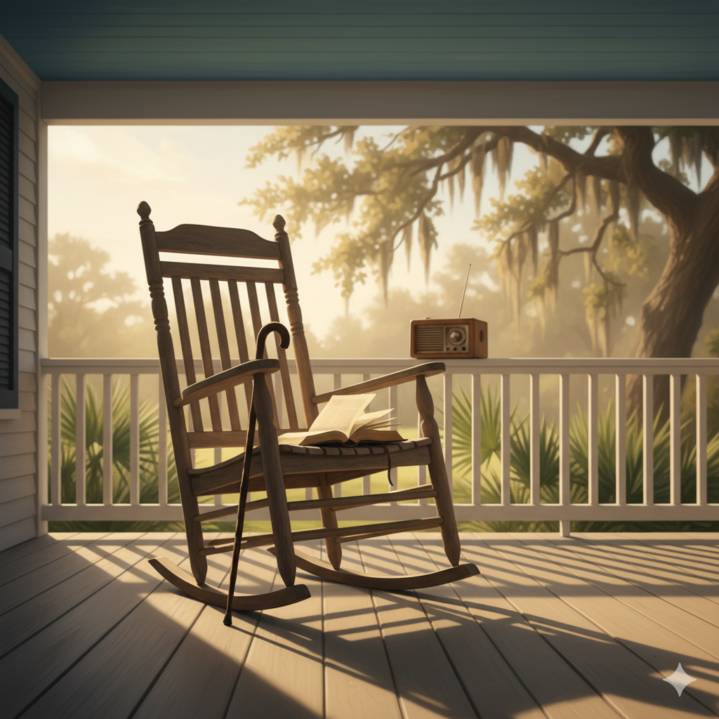 A painterly image of an empty wooden rocking chair on a Lowcountry porch, angled as if someone has just left or is about to return. A wooden cane rests against the arm of the chair. A small, vintage radio sits on the porch rail. An open Bible, with its pages gently rustling as if from a breeze, lies on the seat of the rocking chair. Warm afternoon light casts long, soft shadows across the porch, highlighting the haint blue painted ceiling. Palmetto plants and a live oak tree are in the soft-focus background. The scene evokes a sense of quiet presence and memory.
